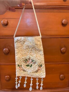 Vintage Beaded Cream Floral Evening Bag with Tassel Fringe